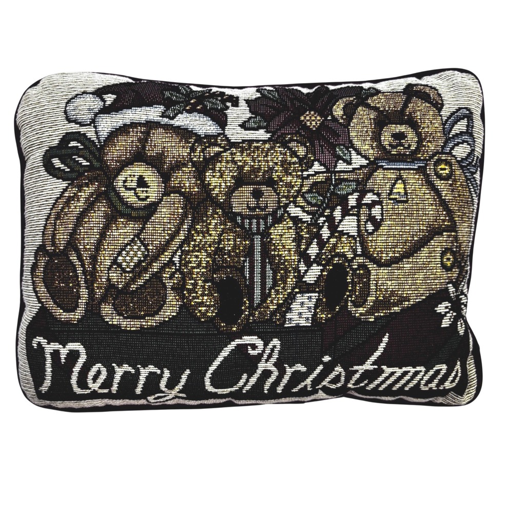 Vintage Christmas Teddy Bear Tapestry Throw Pillow Merry Christmas Decor 13x10